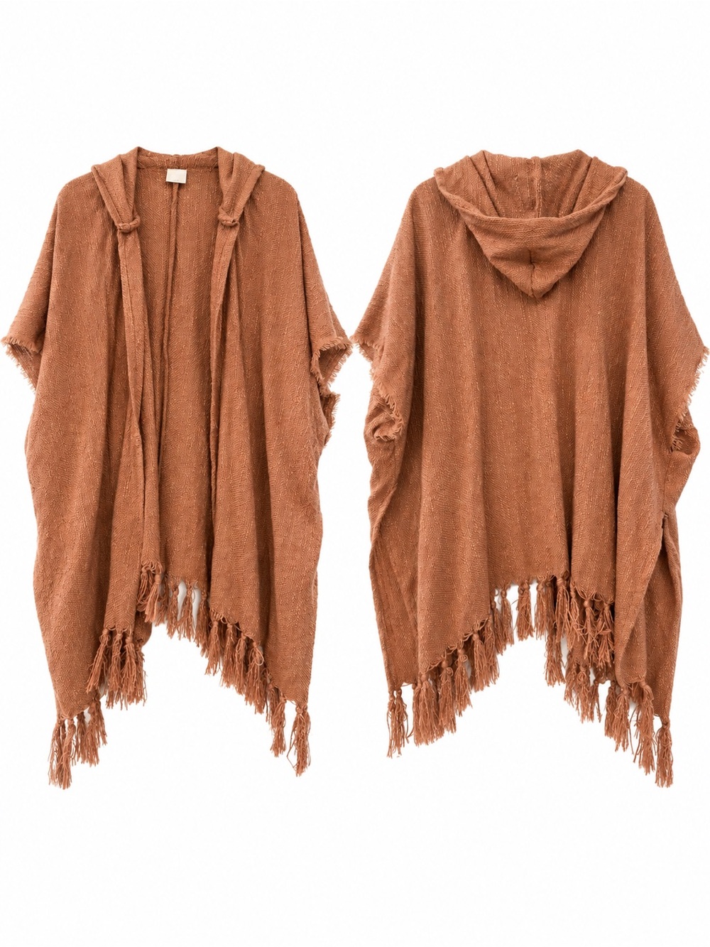 Fringed Hooded Poncho Jacket - Burnt Orange